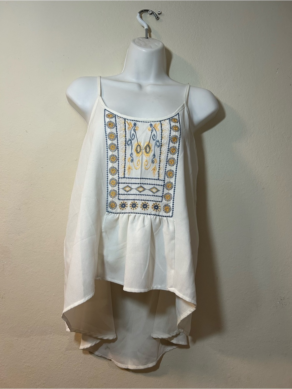 Cozy Casual Ivory Embroidered High-Low Cami with Blue and Yellow Accents